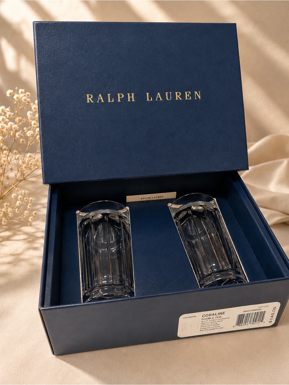 Ralph Lauren Navy Presentation Box with Clear Crystal Glasses